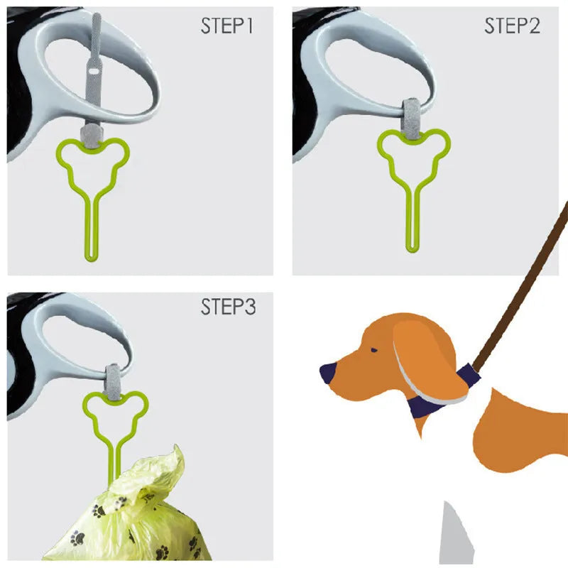 A dog poo bag holder with a hands-free clip and black Velcro strap attached to a leash.