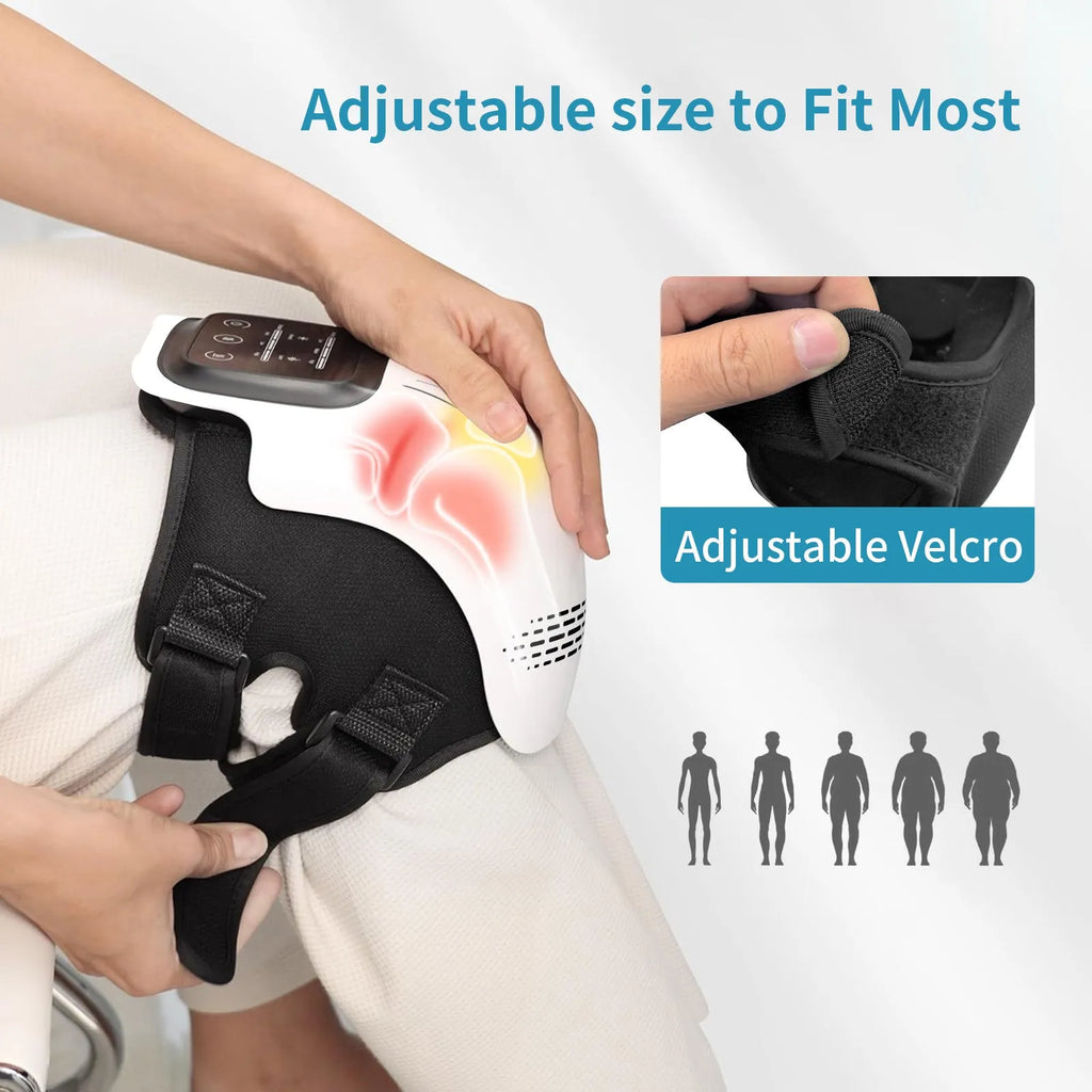 White rechargeable electric knee massager with infrared laser and heating for pain relief.
