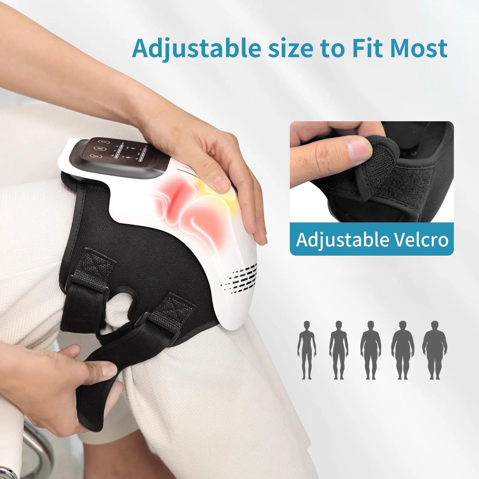 White rechargeable electric knee massager with infrared laser and heating for pain relief.