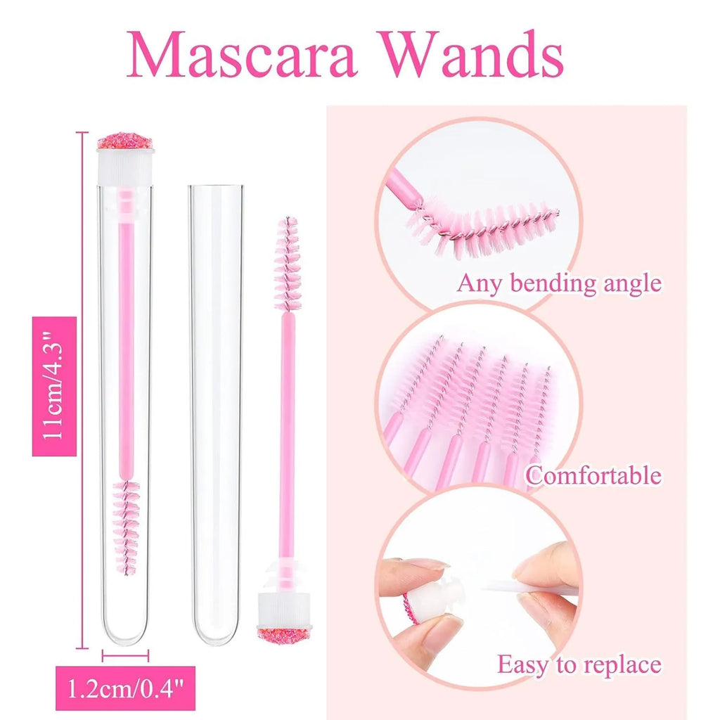 Set of coloured disposable mascara brushes inside clear plastic storage tubes on a white background.