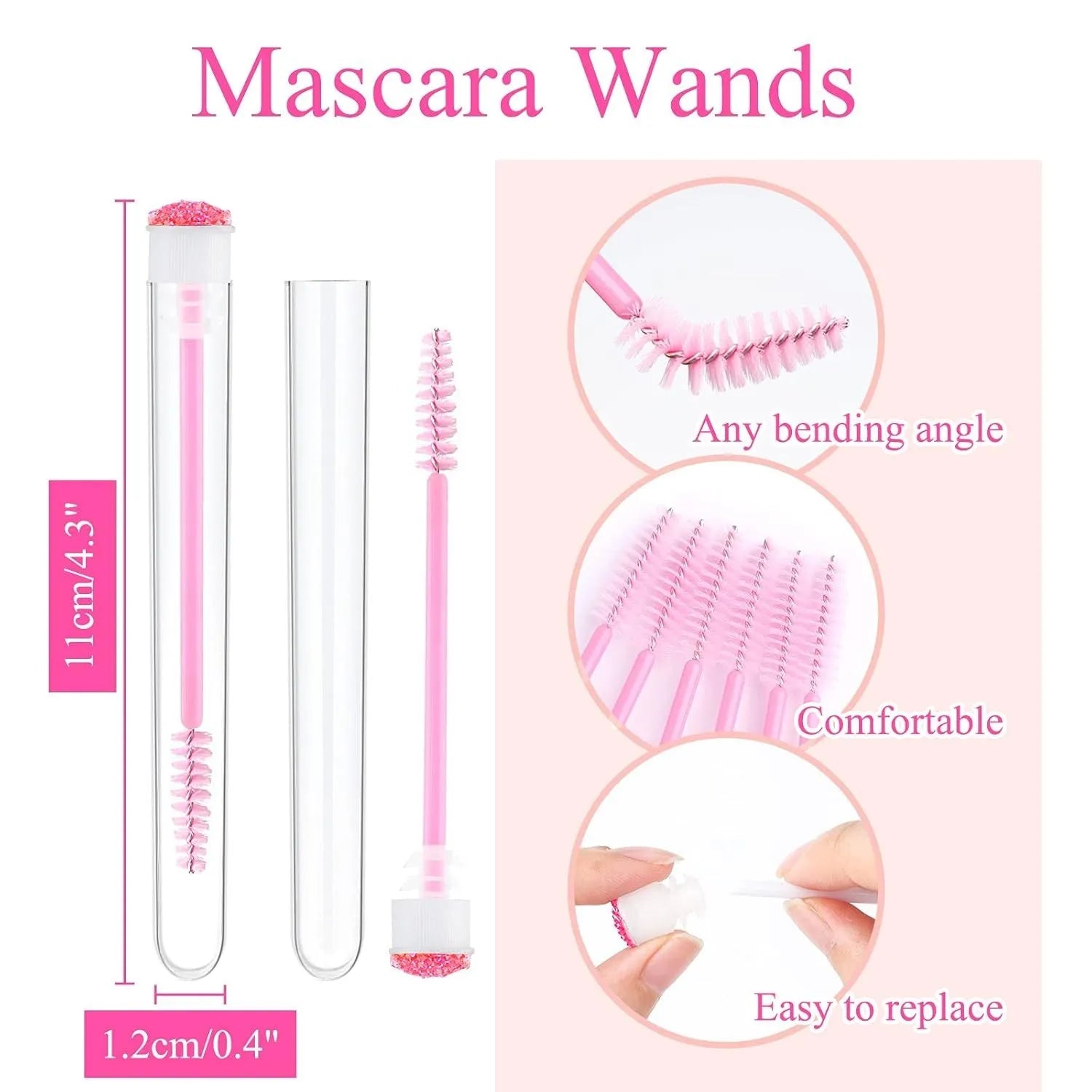 Set of coloured disposable mascara brushes inside clear plastic storage tubes on a white background.