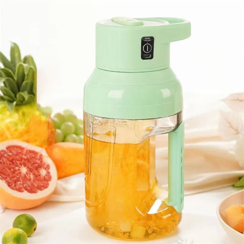 Portable electric juicer blender with 1500ml capacity in emerald green colour, showing USB charging port and double handles.