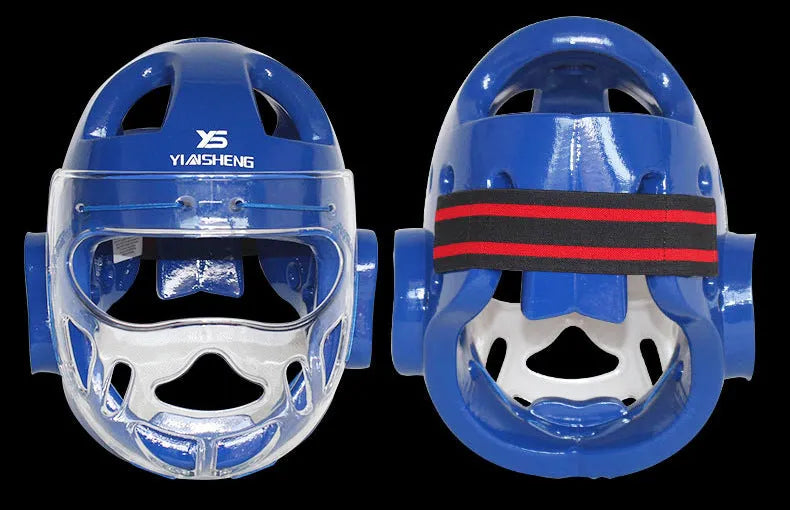 Blue, red, or white karate protective helmet for boxing head guard safety equipment.