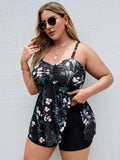 Women's floral print one-piece swimsuit with split colour design on high elasticity fabric.