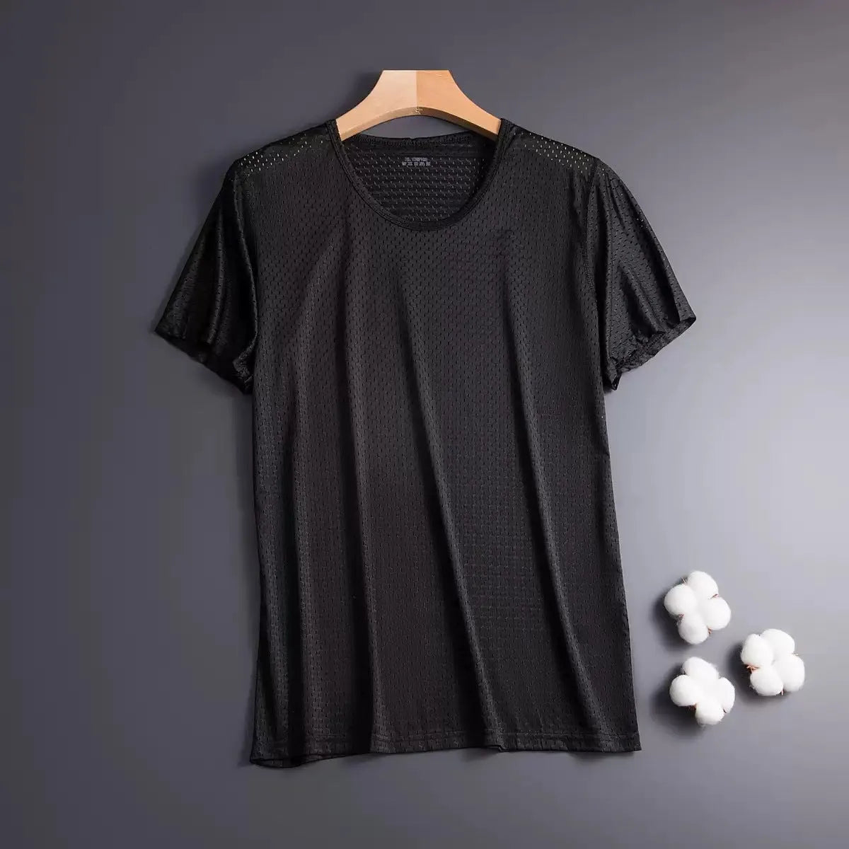 Men's solid colour Ice Silk short sleeve crew neck t-shirt on a hanger.