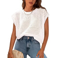 White women's loose-fit pullover sweater with crochet cover sleeves and round neck