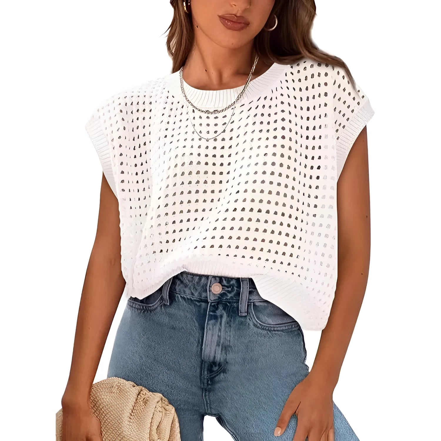 White women's loose-fit pullover sweater with crochet cover sleeves and round neck