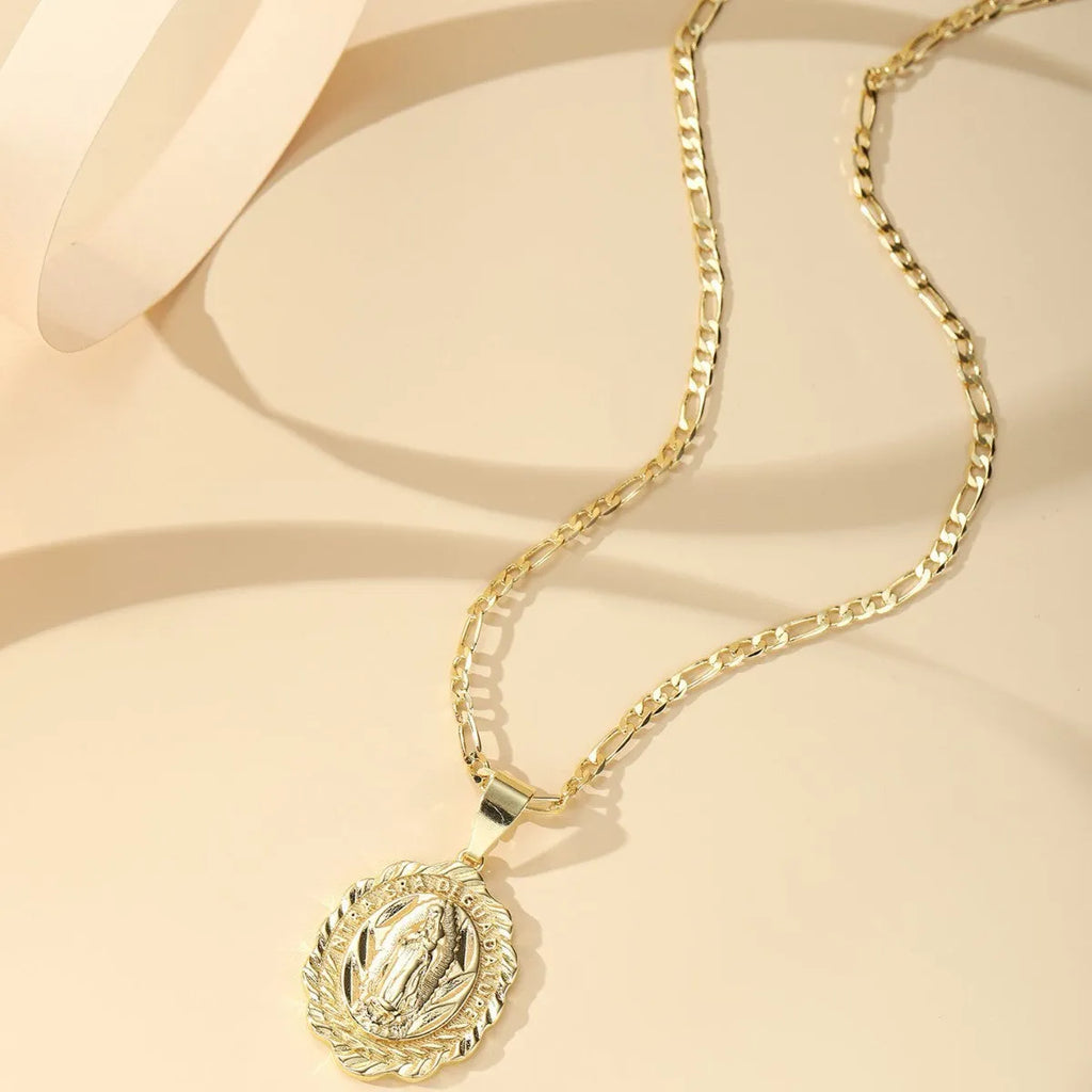 Copper electroplated Virgin Mary pendant necklace on adjustable chain, retro religious design
