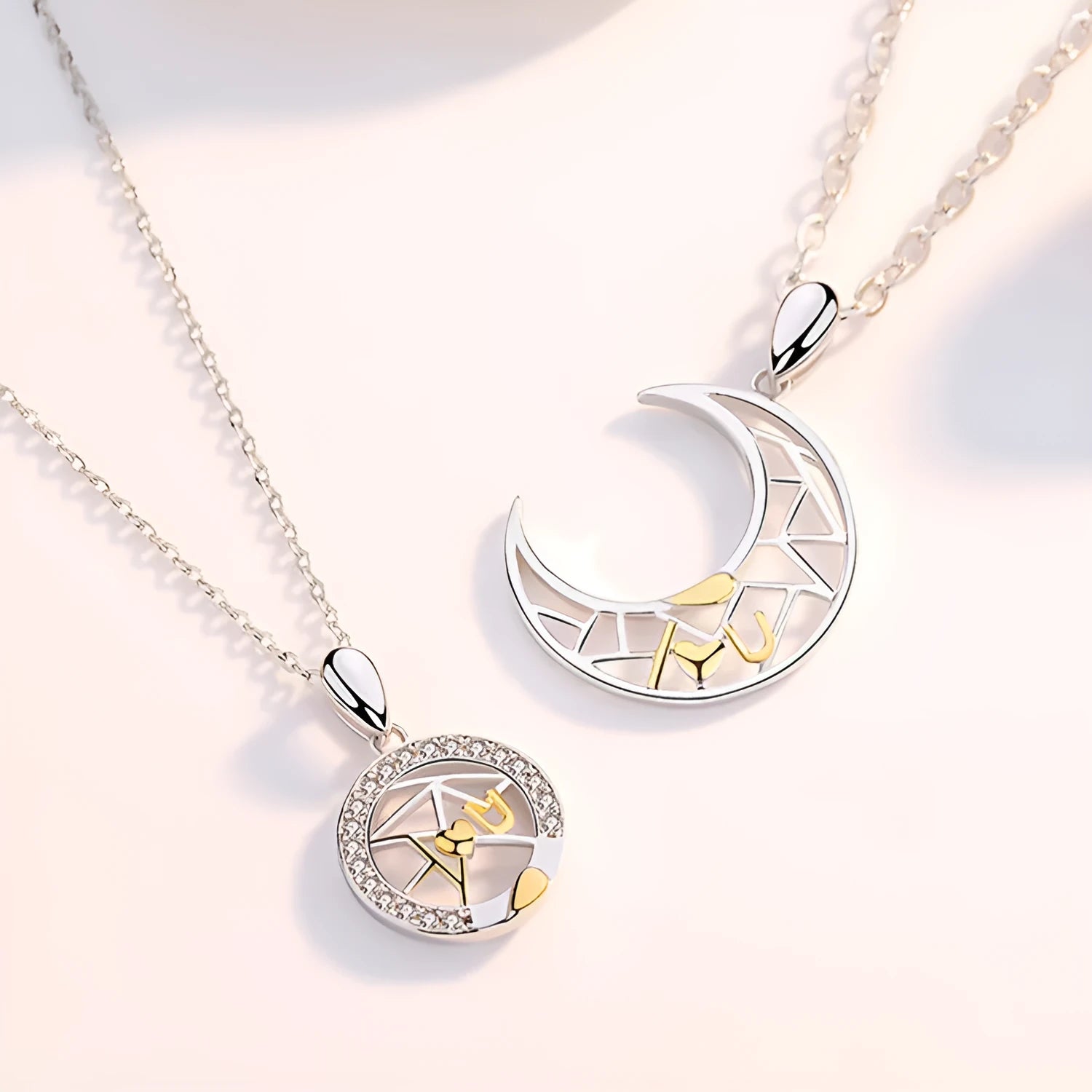 Sun moon couple necklace set with copper pendants on cross chains