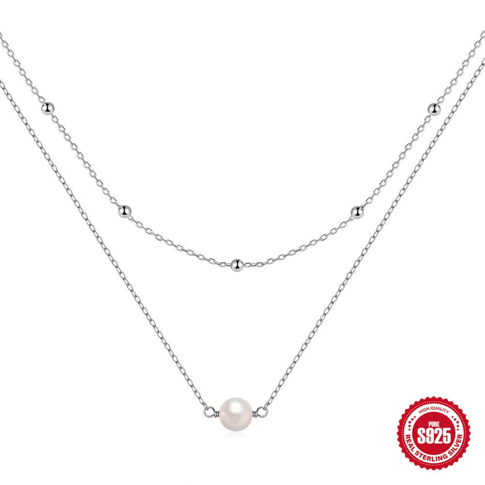 S925 sterling silver double-layer necklace with twin pearls on a ball bead chain.
