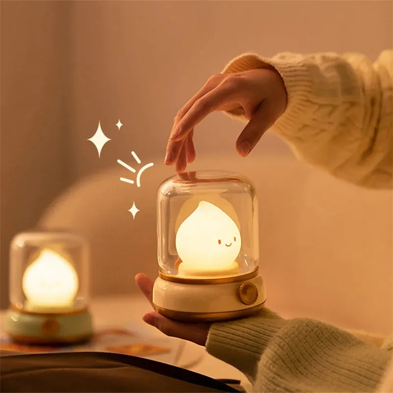 Retro oil lamp style USB rechargeable night light in green or yellow colour options