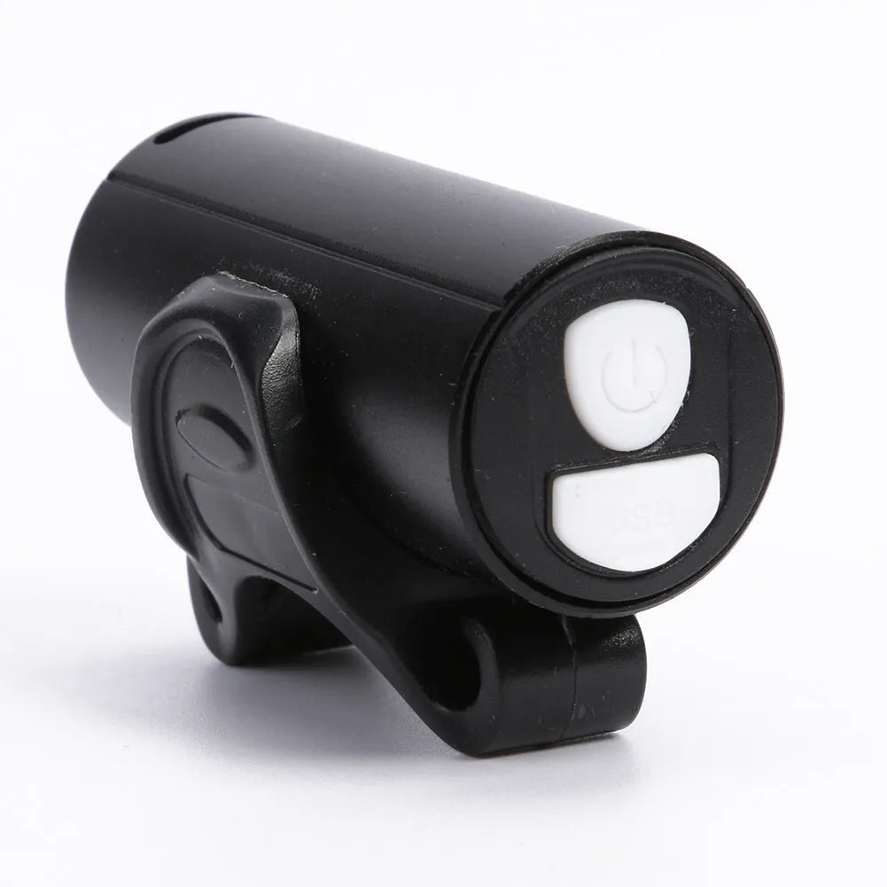 Black USB rechargeable bicycle front light with 350 lumen output and adjustable strap mount