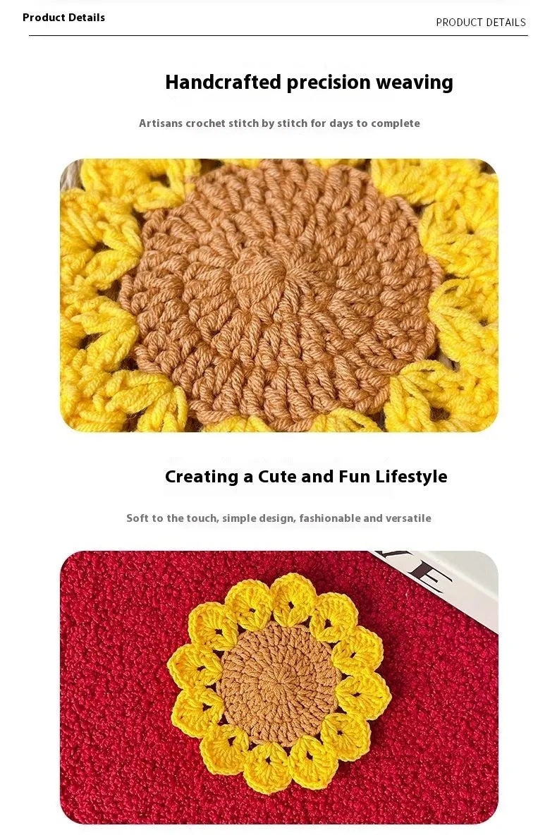Hand-woven wool coaster set for drinkware on a tabletop.