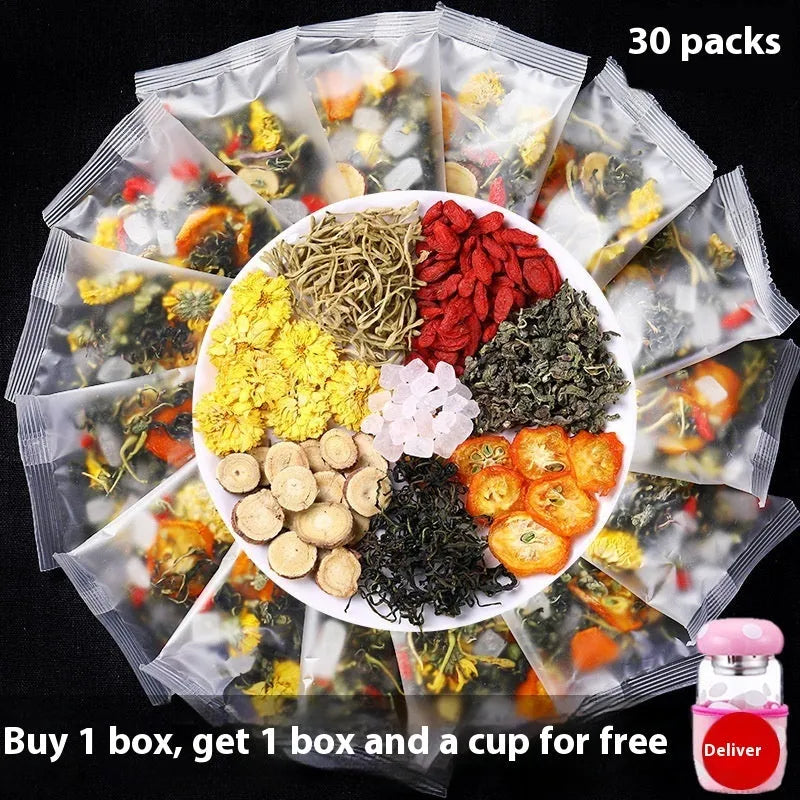 Box of honeysuckle chrysanthemum herbal tea showing packaging options and bonus teacups