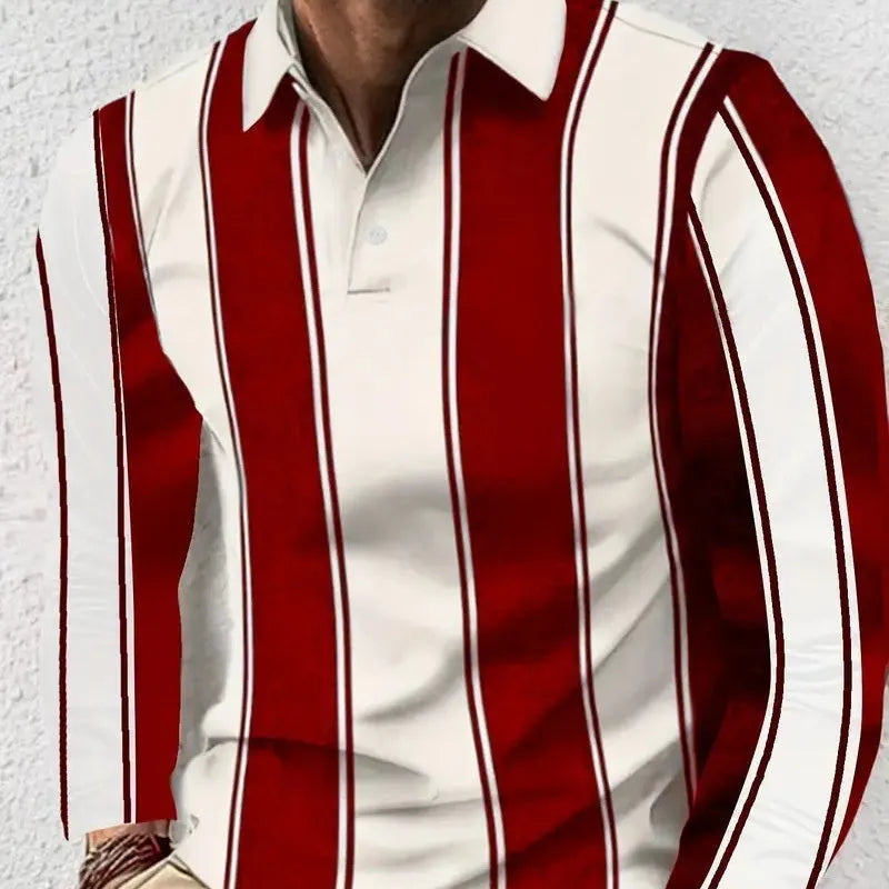 Men's loose fit long sleeve polo shirt with design buttons on placket