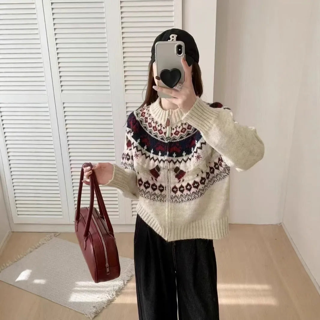 Ethnic style Jacquard pullover sweater with 3D pattern in apricot colour, showing loose fit and round neck.