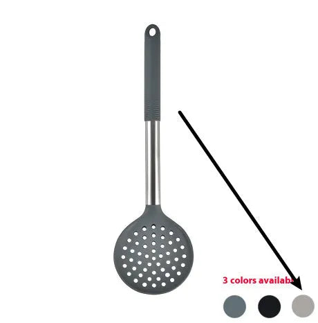 12-piece silicone kitchen utensil set in rotating storage bucket, including spatula, spoon, ladel, and egg beater on kitchen counter.
