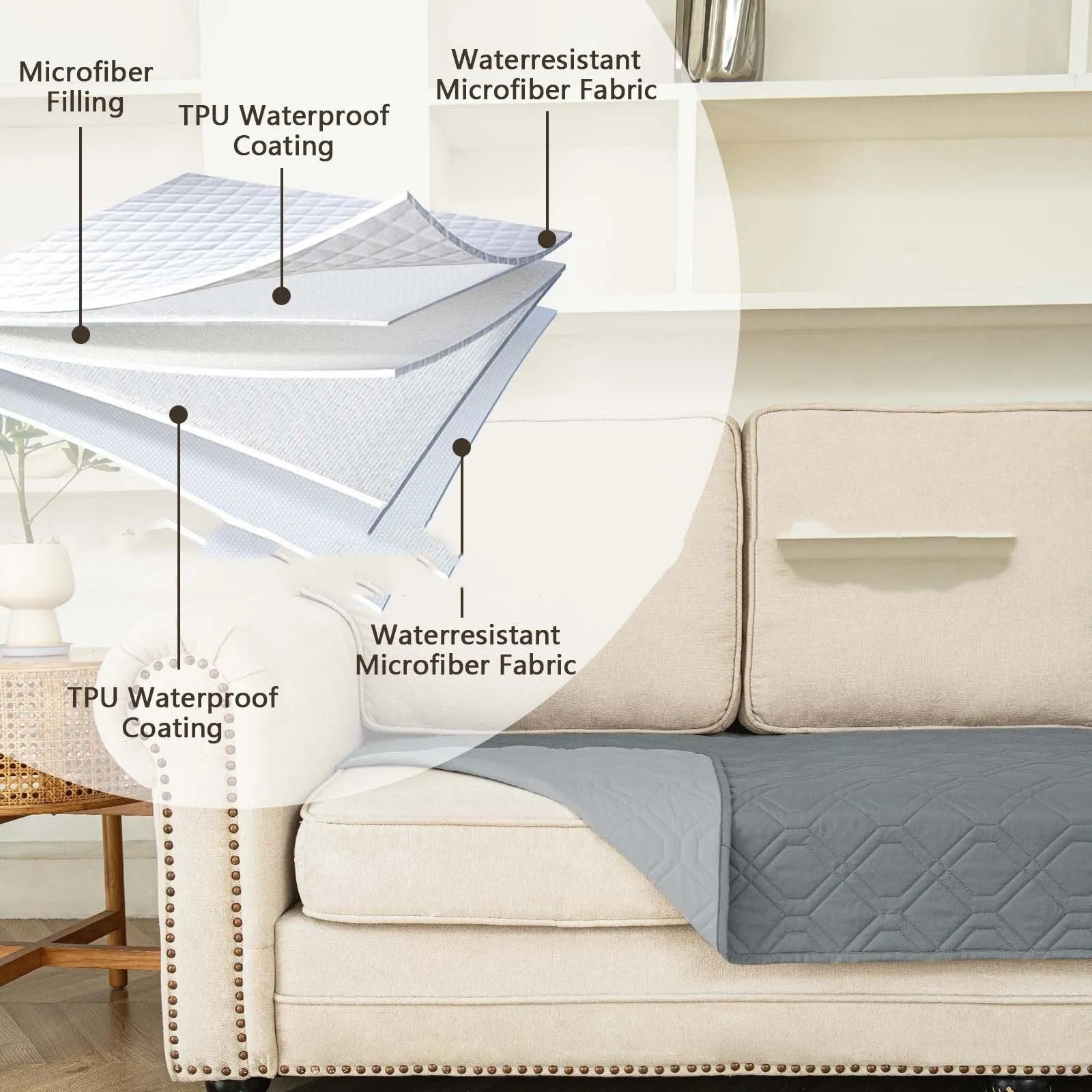 Double-sided waterproof dog sofa cushion with reversible dark gray and khaki colour options