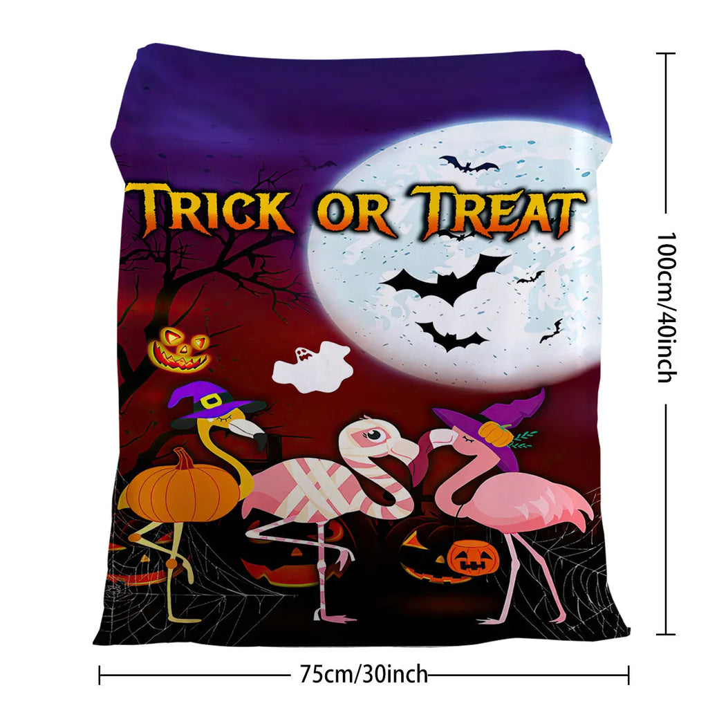 Purple flannel velvet blanket with Halloween flamingo print, hemmed edges, available in 75x100cm and 130x150cm
