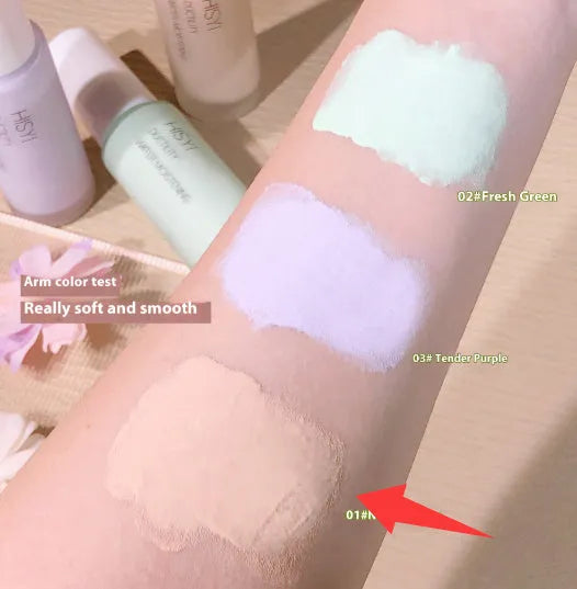 HISYI brightening makeup primer in three shades: 01, 02, and 03.