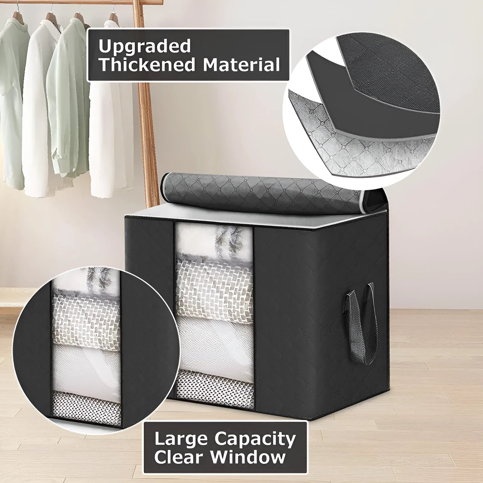 Non-woven fabric storage organiser bag for quilts and clothes in beige colour.