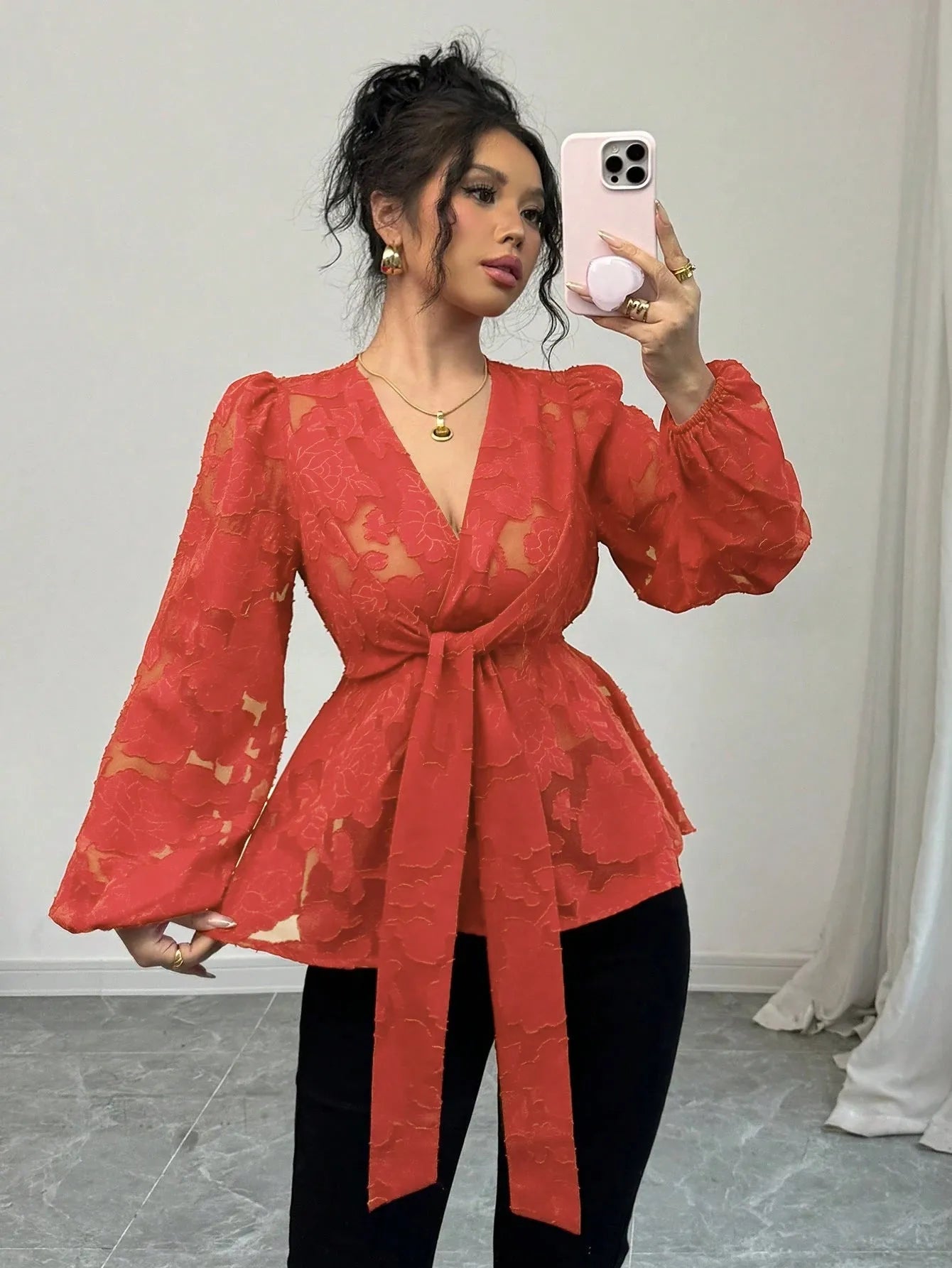 Semi-transparent hollow-out polyester long-sleeved V-neck women's shirt in black with embroidery details