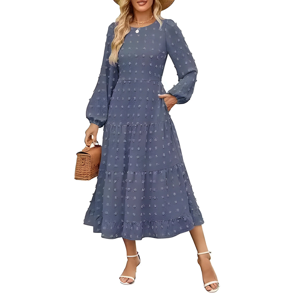 Women's beige long sleeve casual dress with high waist and ruffle sleeves on a model.