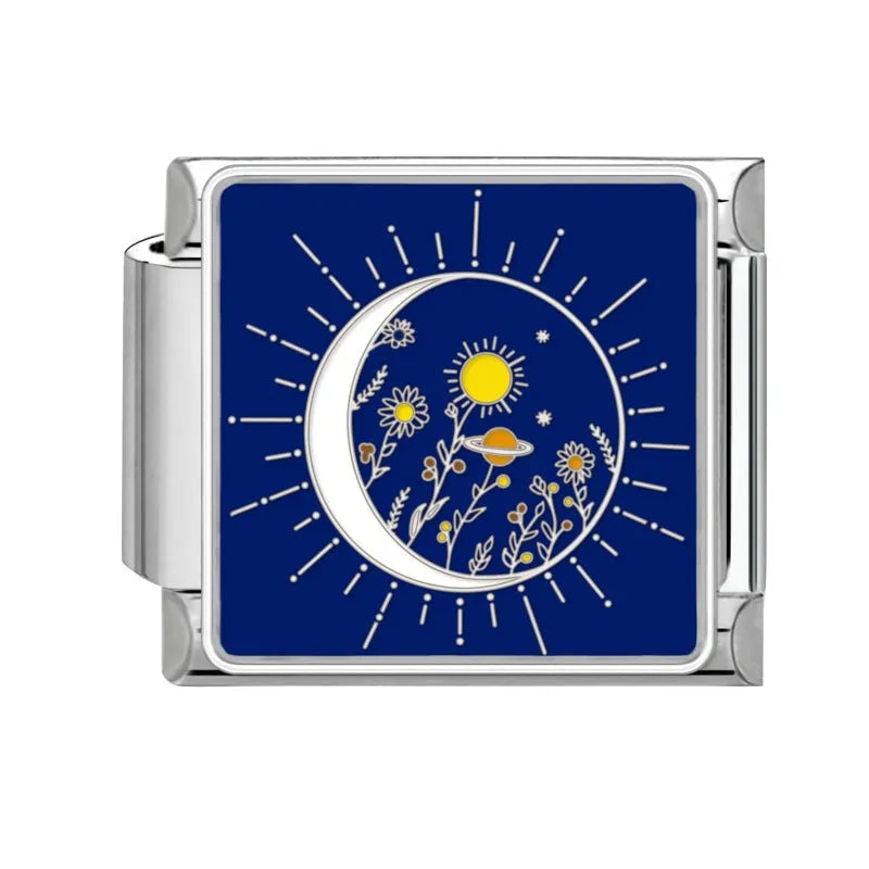 Square stainless steel bracelet module with night sky moon planet totem pattern in dripping oil finish, 1x0.9 cm