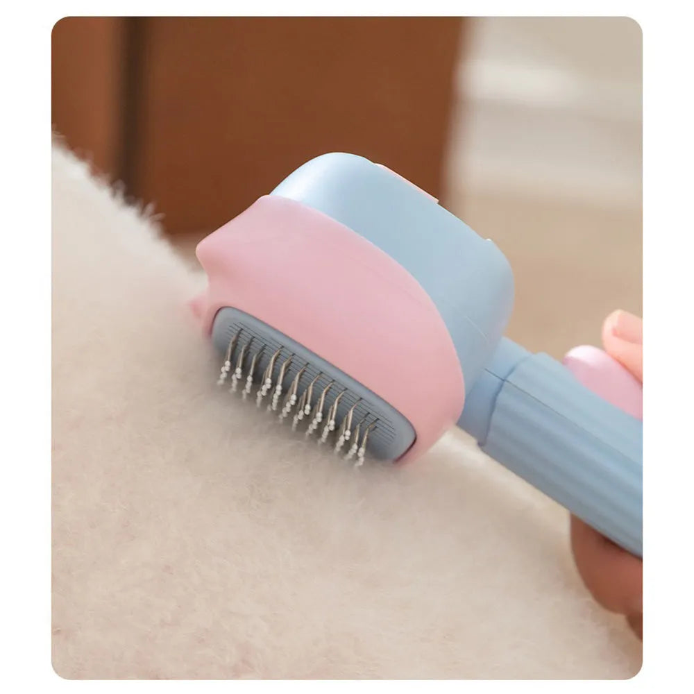 Blue and green double-sided pet grooming brush showing deshedding rake and dematting comb