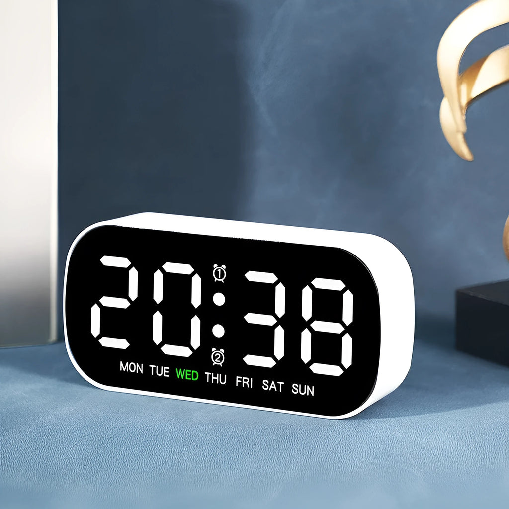 LED digital alarm clock with slim 10mm plastic shell in five colours including white, rose red, green, blue, yellow