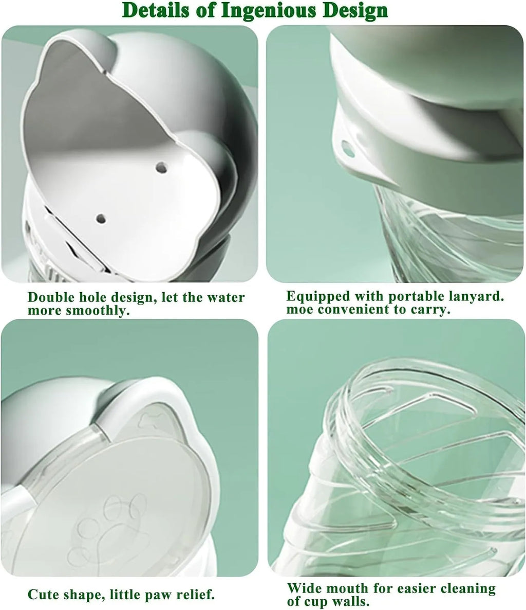Green, pink, or white 3-in-1 portable pet water bottle with food container and garbage bag dispenser attached to a strap.