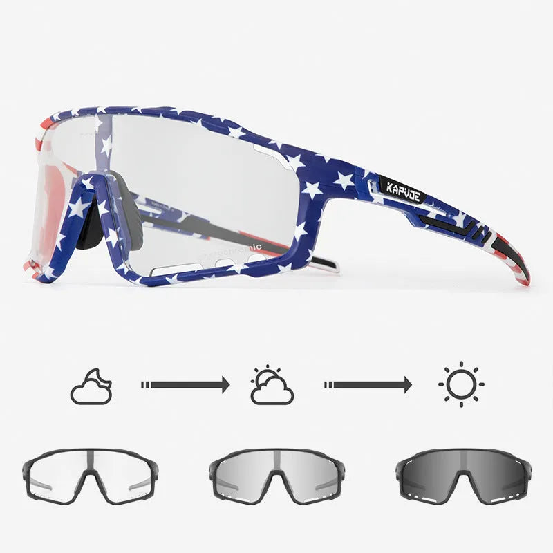 Photochromic cycling sunglasses with semi-rimless TR90 frame on a bicycle helmet.