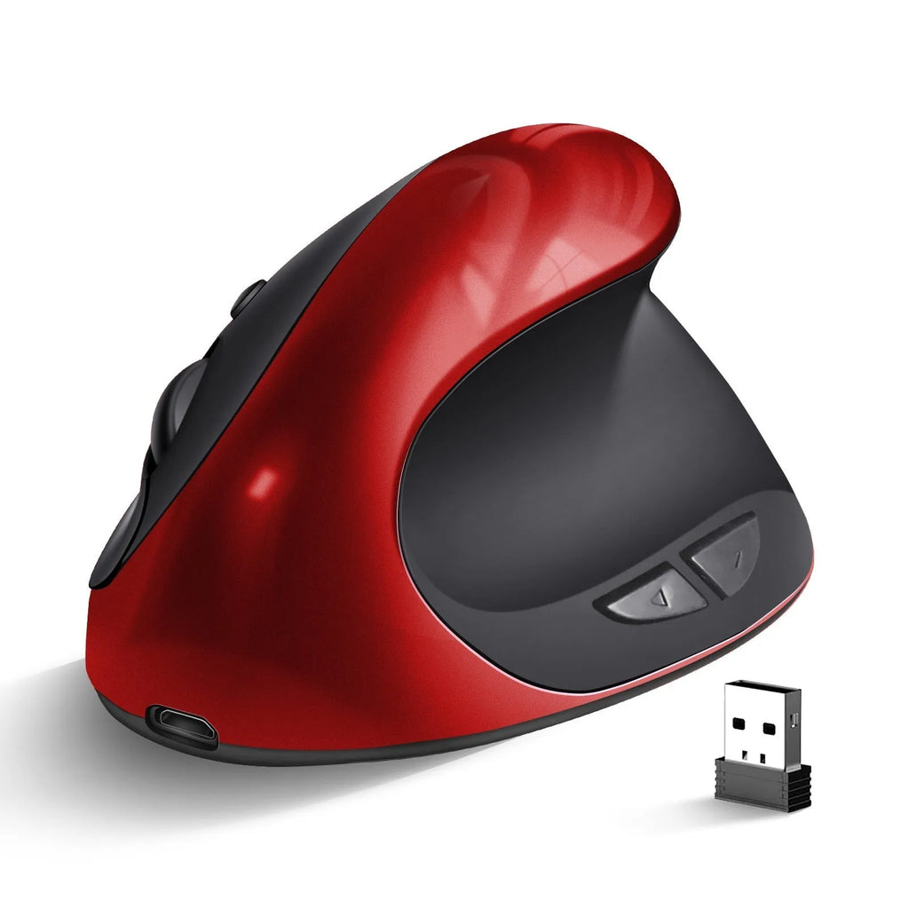 A vertical ergonomic computer mouse shown in multiple colour options including black, blue, red, and purple.