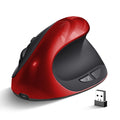 A vertical ergonomic computer mouse shown in multiple colour options including black, blue, red, and purple.