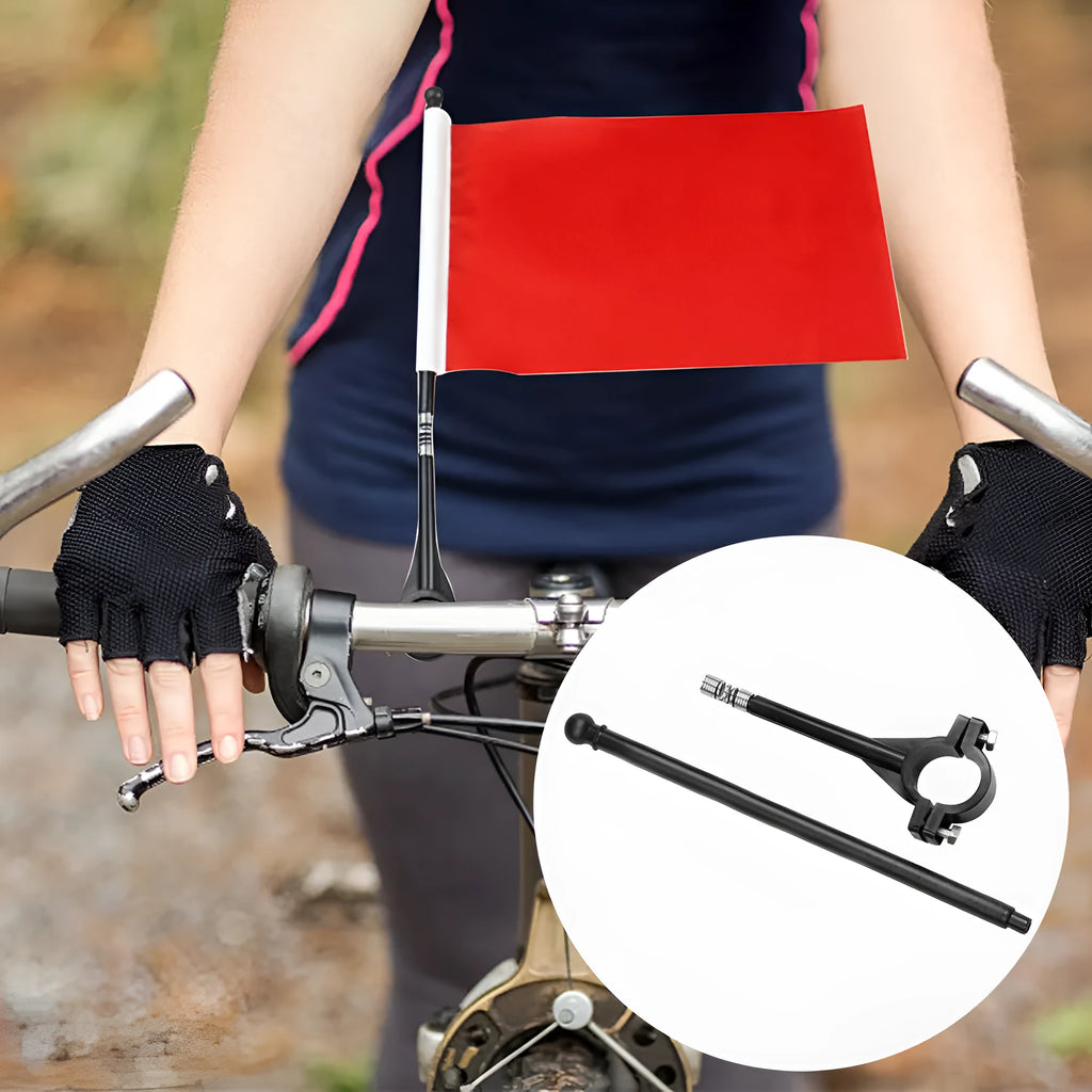 Small square polyester cycling flag on a plastic handlebar pole for bikes or promotions.
