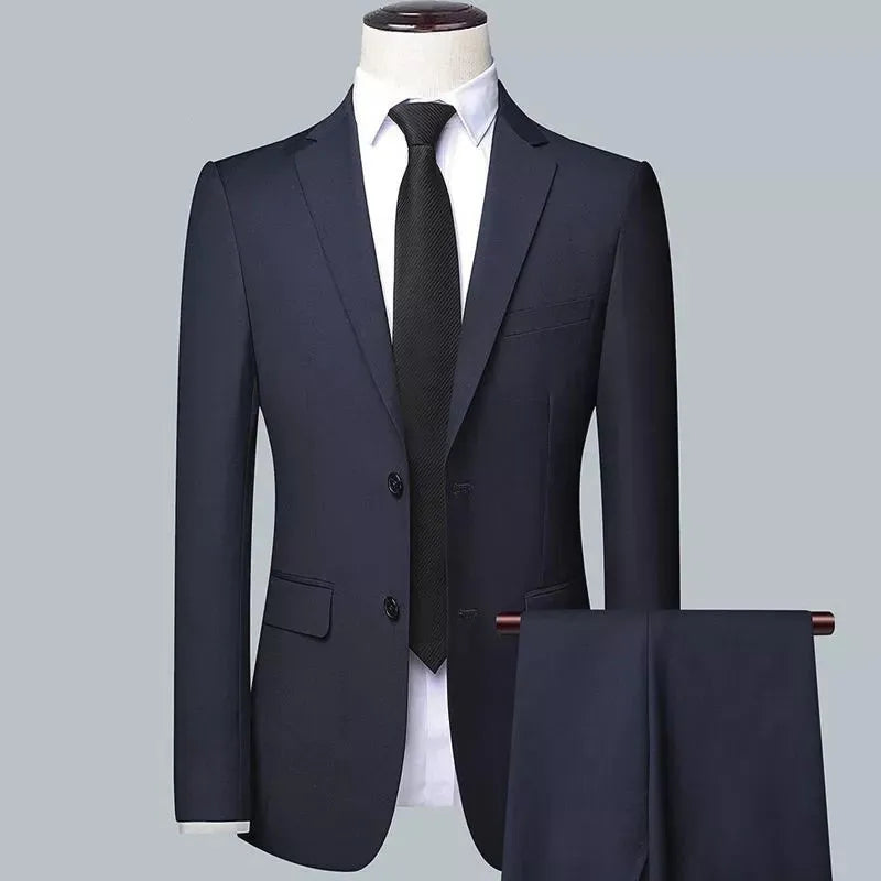Men's Korean slim fit three-piece business suit set in black colour with tie