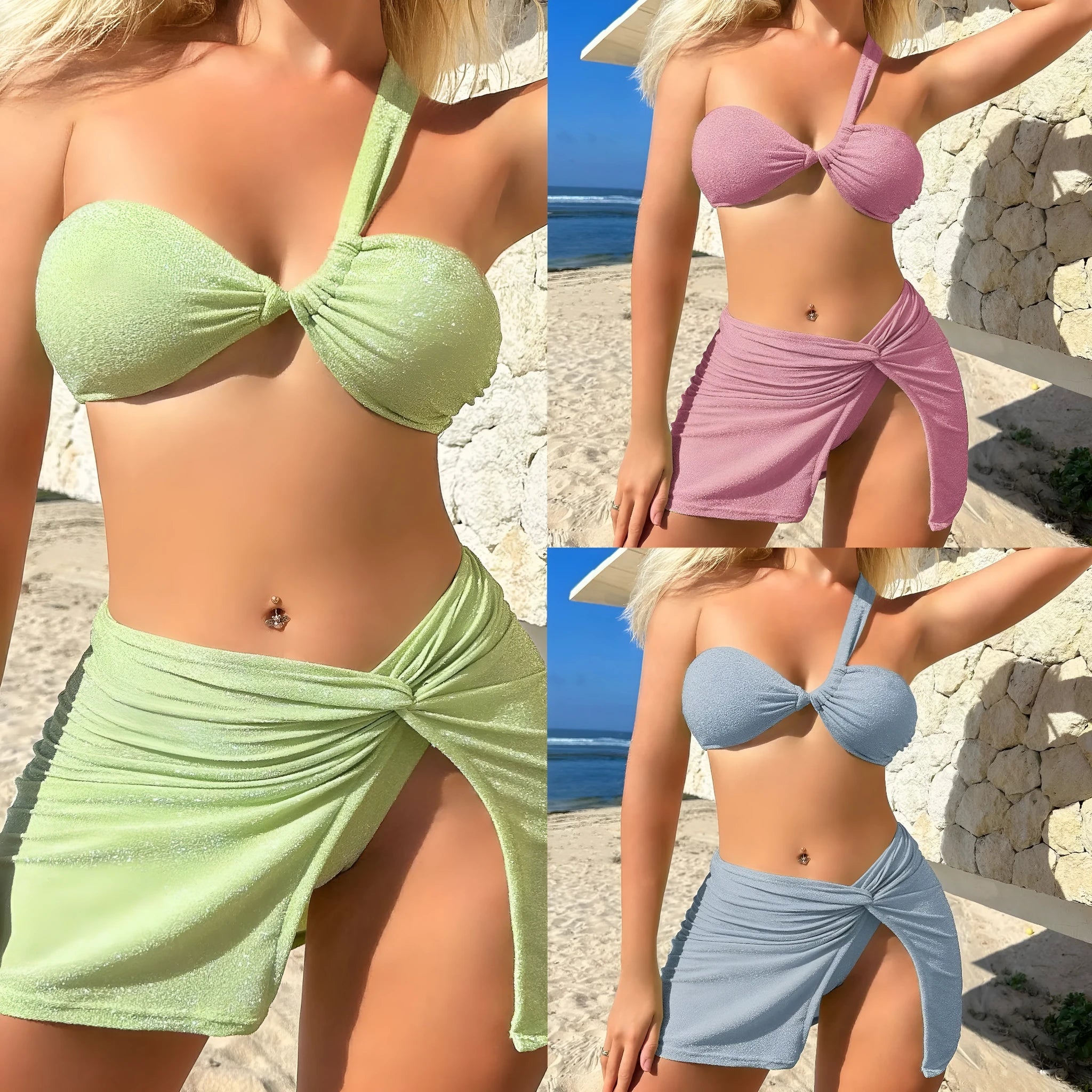 Light green one-shoulder glossy swimsuit three-piece set with matching skirt and pants.