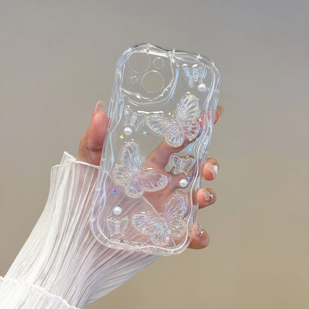 Transparent silicone iPhone case with curved cement white epoxy butterfly, drop-resistant, for iPhone 11-15 Pro Max.