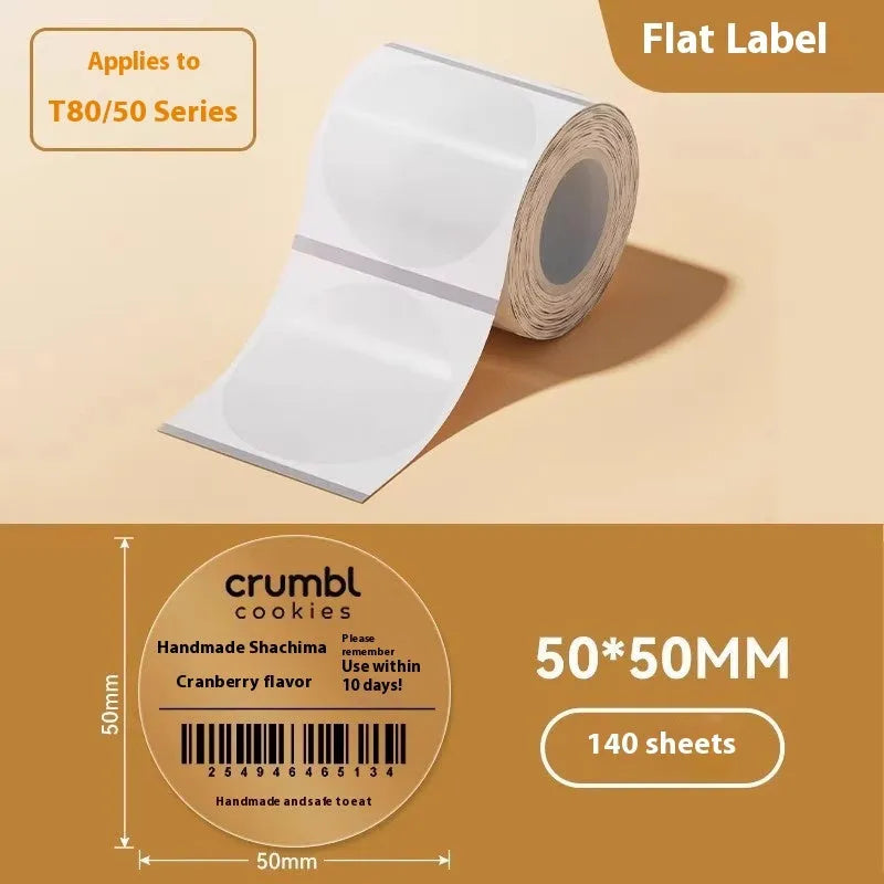 Transparent waterproof adhesive sticker labels on a roll in various rectangular and round sizes