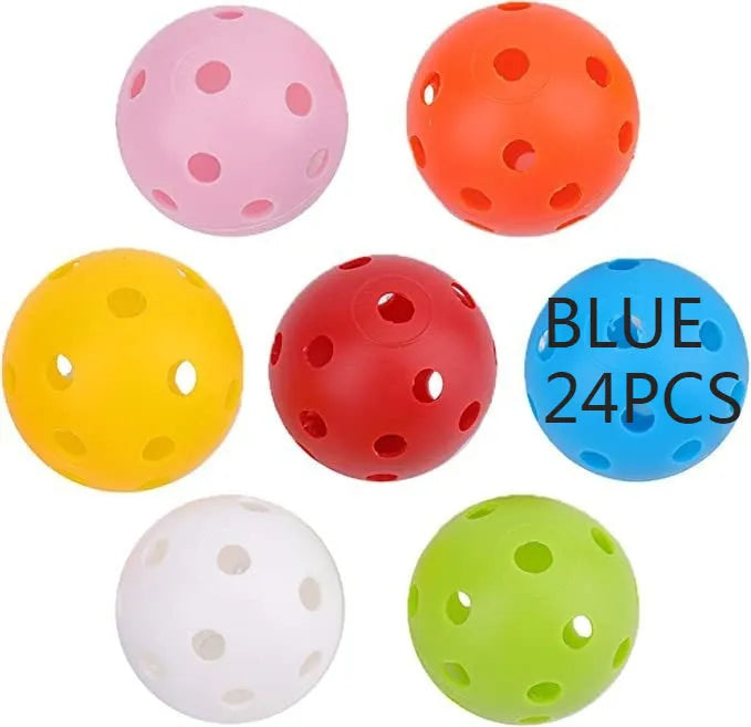 Multi-coloured 42mm golf practice balls with dimpled design in a net bag.
