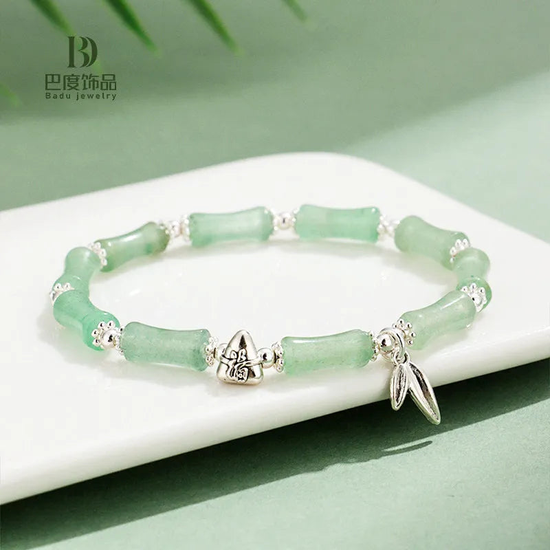 Green aventurine bamboo strawberry crystal bracelet with mixed stones and adjustable sizing