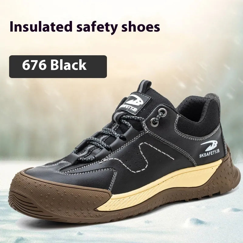 A pair of Flyknit safety work shoes with a leather upper and rubber sole, shown in a neutral colour.
