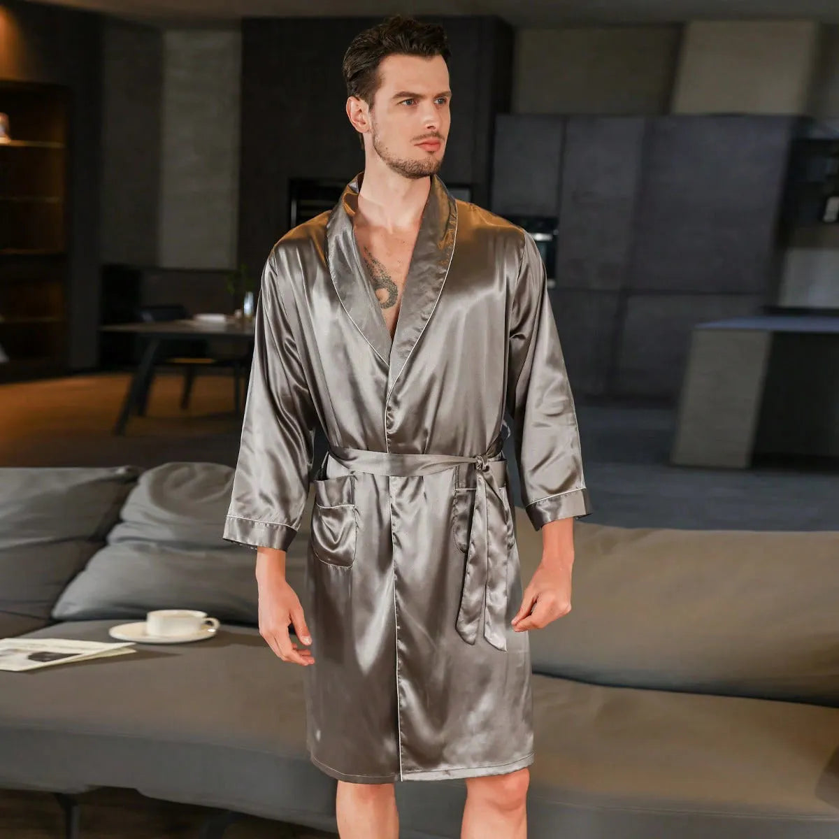 Men's lightweight summer bathrobe in rayon polyester available in multiple colours and continental sizes.