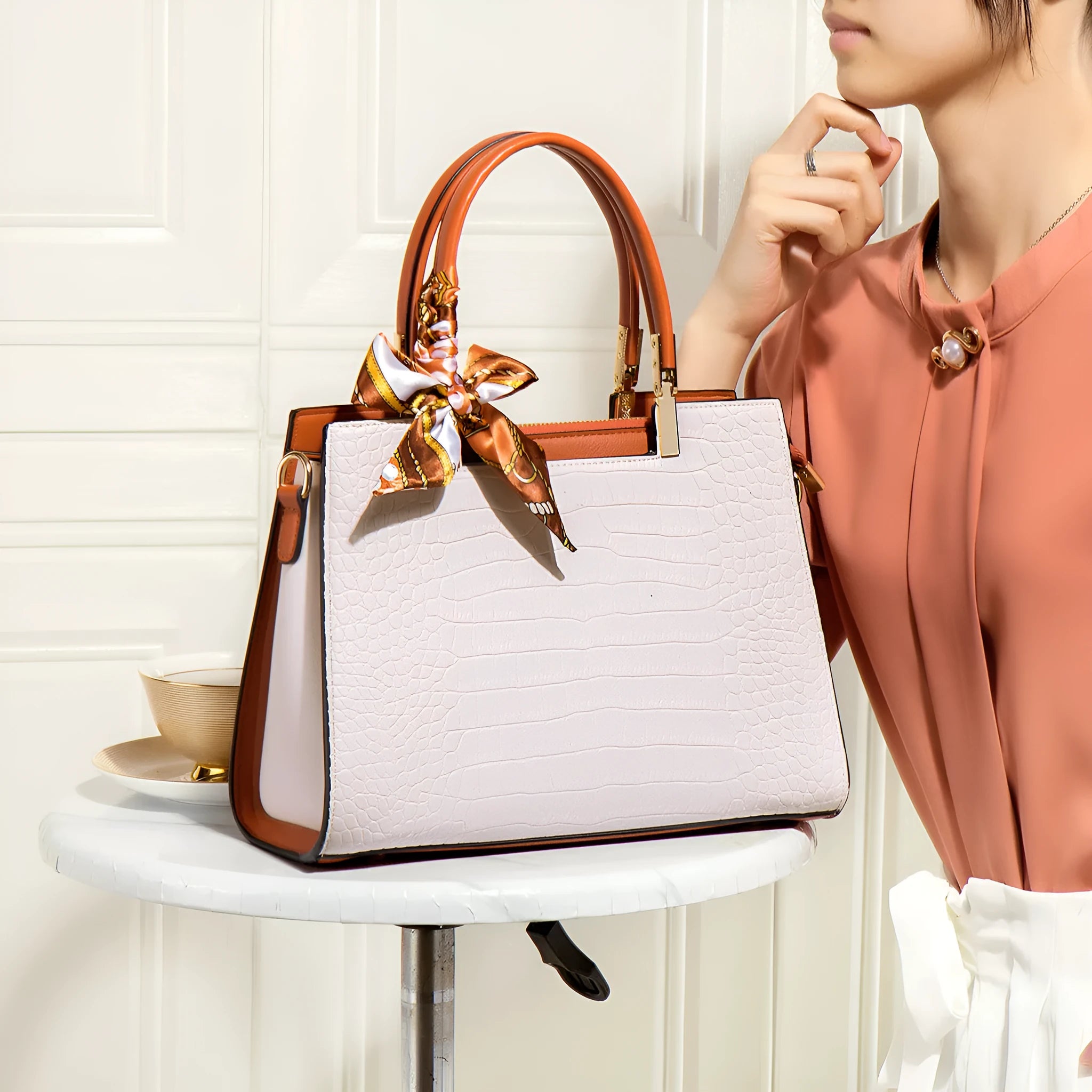 Milky white women's PU leather shoulder handbag with horizontal square shape and internal organiser compartments