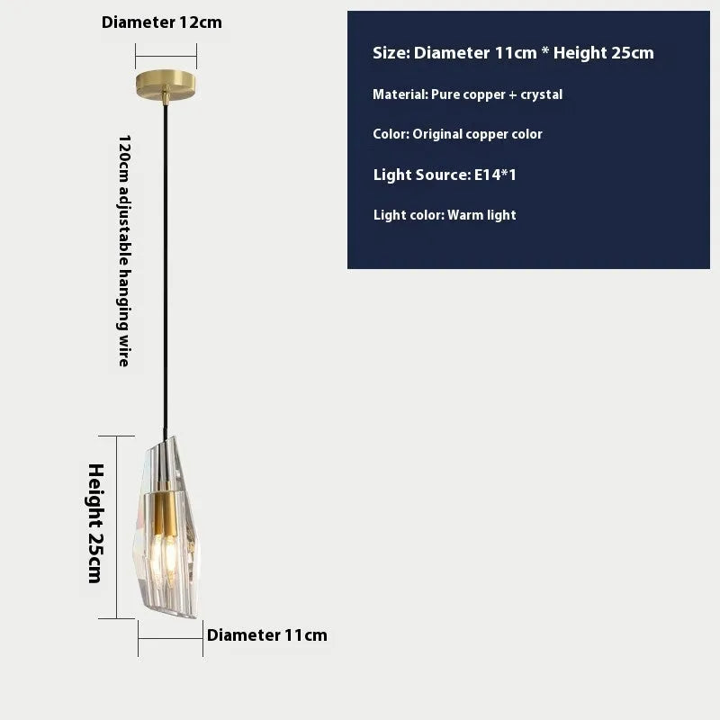 Copper crystal pendant light, 11cm diameter, 25cm height, E14 warm light, 220V Nordic chandelier