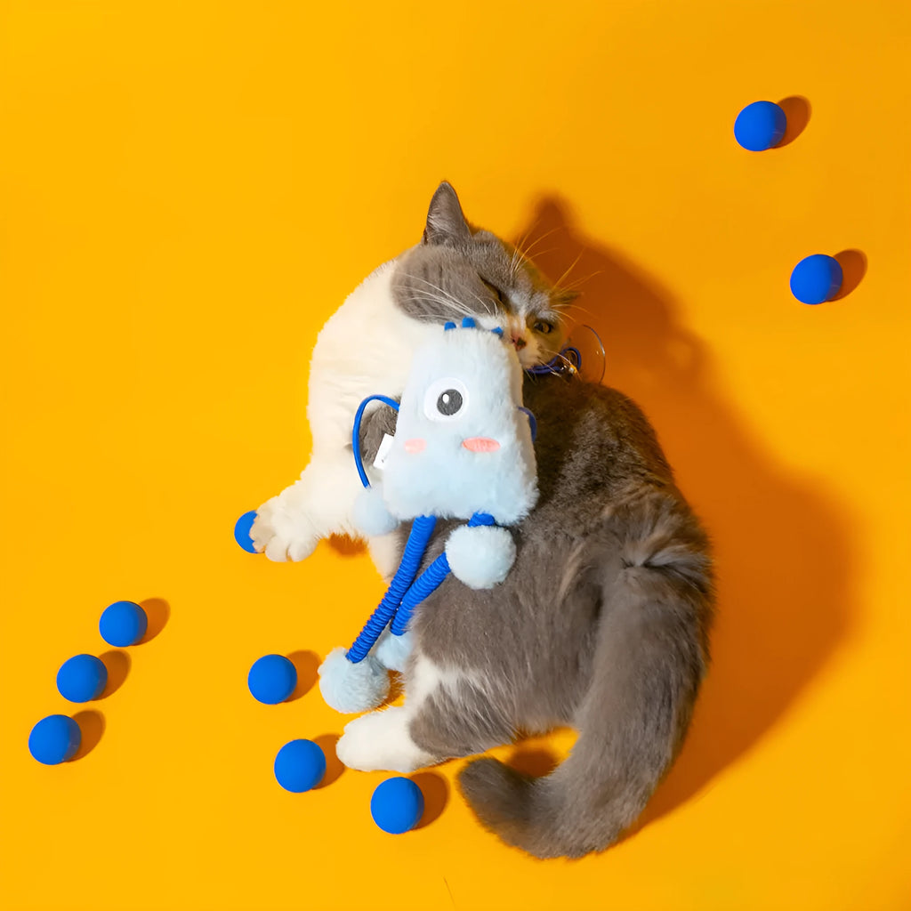 Blue plush ring cat toy with elastic telescopic rope and mint bell, measuring 30cm