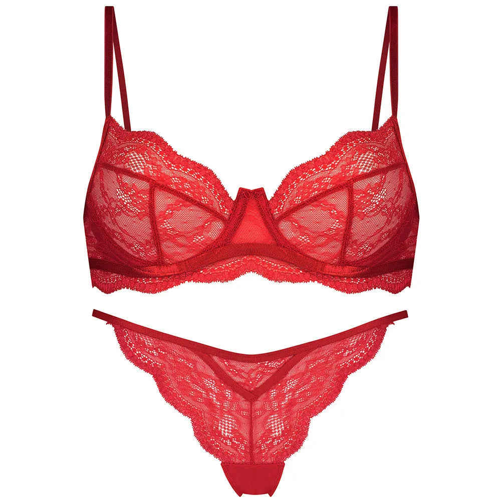 Women's French bra suit bikini set with fixed double-shoulder straps in black, red or green colours