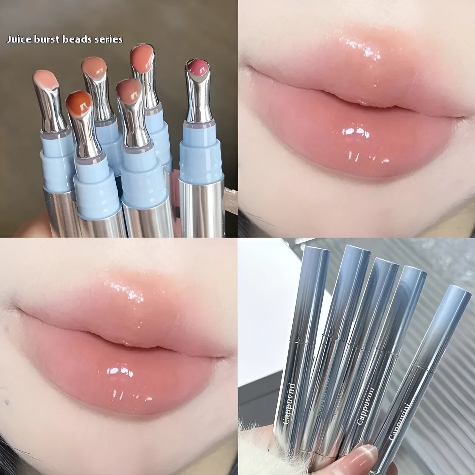 Mirror Water Light Lip Gloss Lipstick in translucent shades showing reflective finish and 12.9cm height