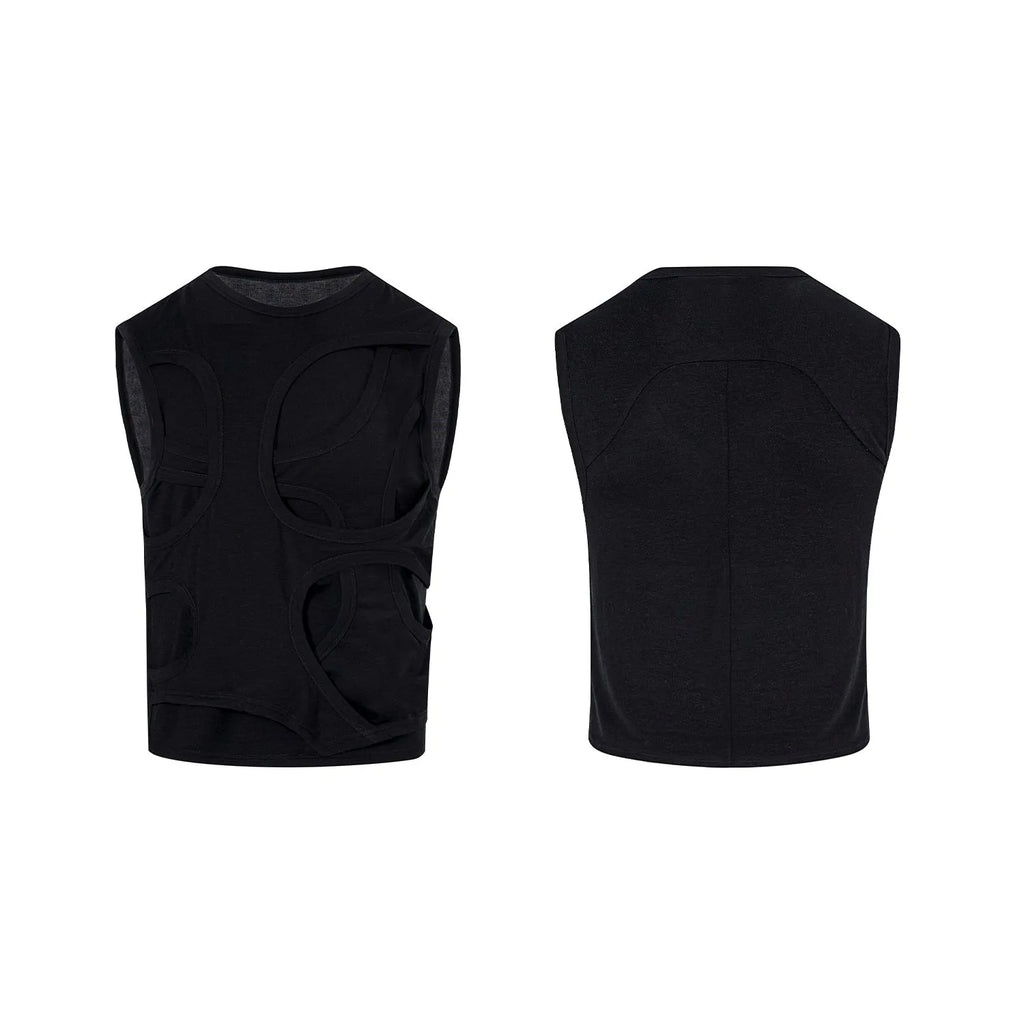 Men's solid grey lyocell vest with round neck collar on a hanger.