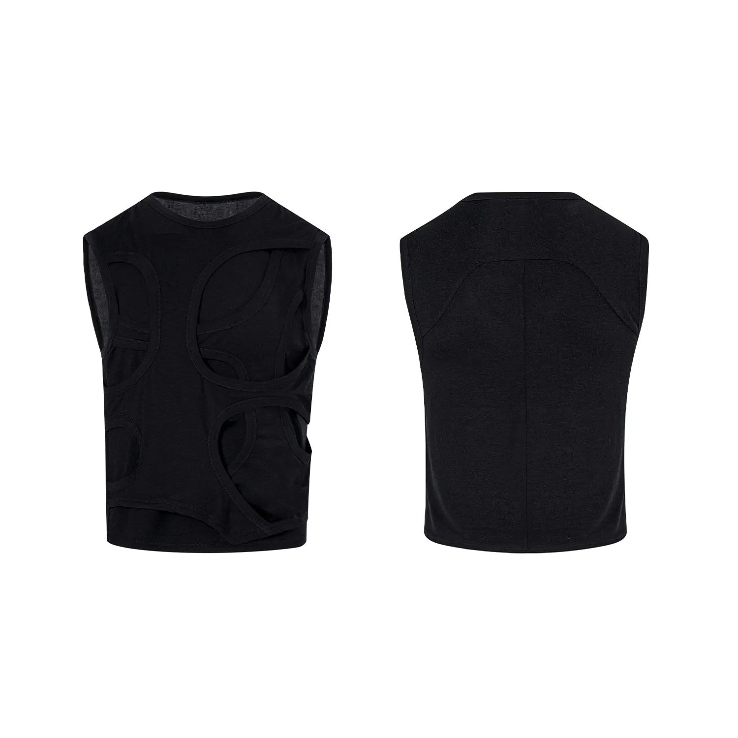 Men's solid grey lyocell vest with round neck collar on a hanger.